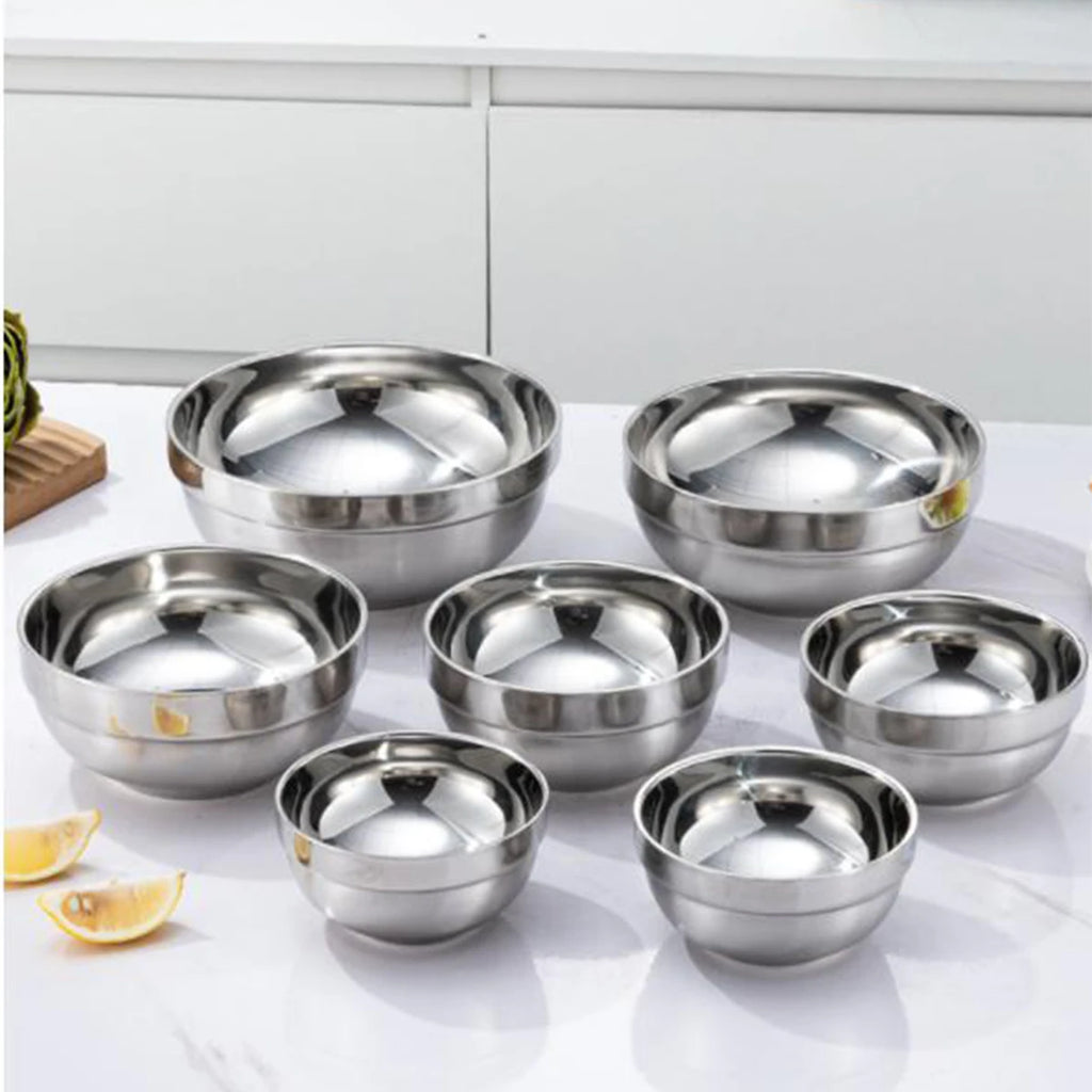 5pcs, Double layer stainless steel bowl, insulated and heat-resistant, durable metal bowl, mirror polished