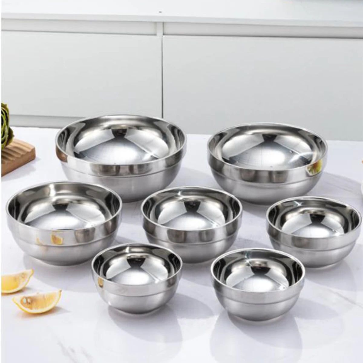 5pcs, Double layer stainless steel bowl, insulated and heat-resistant, durable metal bowl, mirror polished