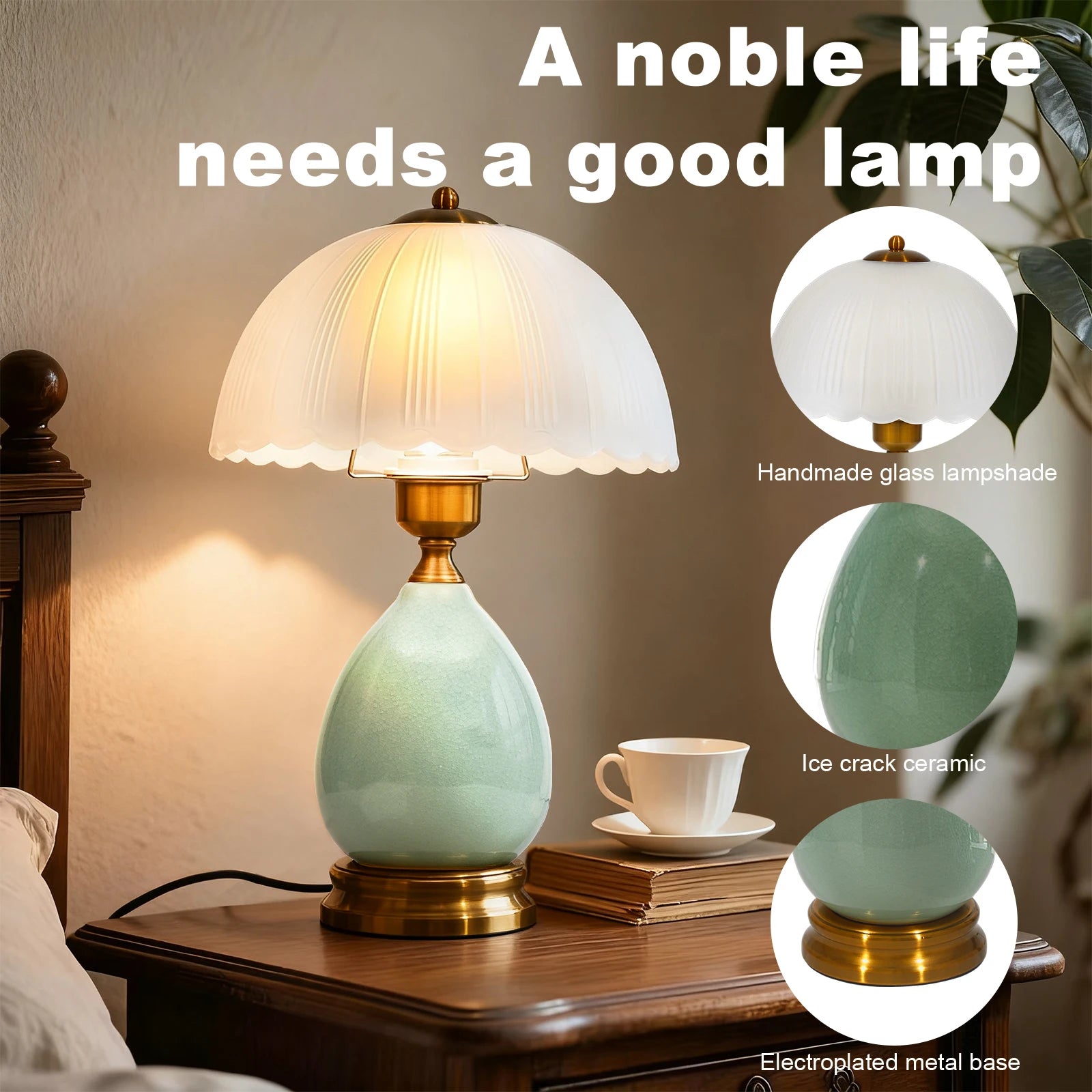 16" Vintage Ceramic Table Lamp – Chinese Traditional Green Bedside Lamp with 3-Color Dimmable LED
