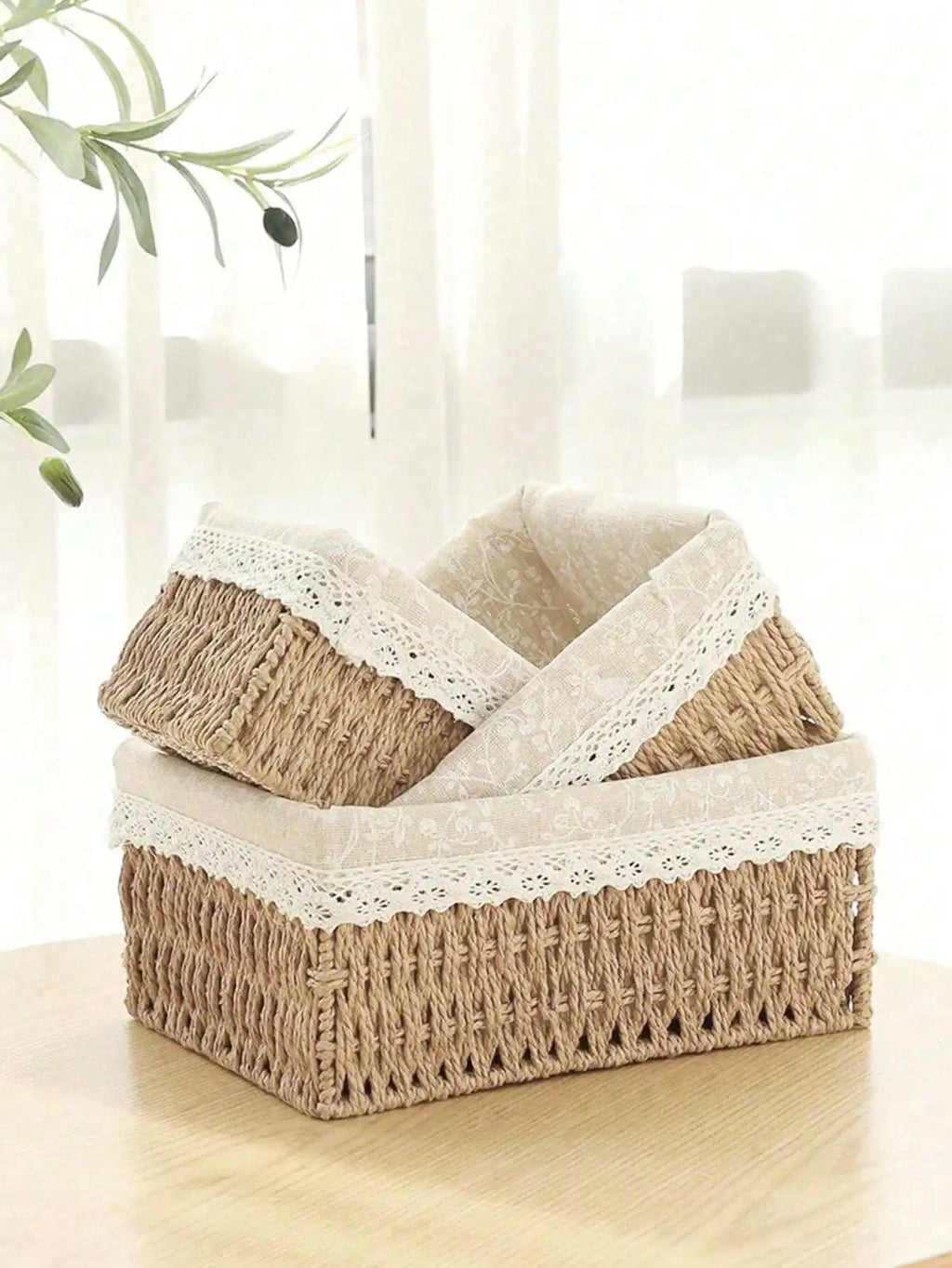 3Pcs  Woven Storage Baskets W/&W/O Cover