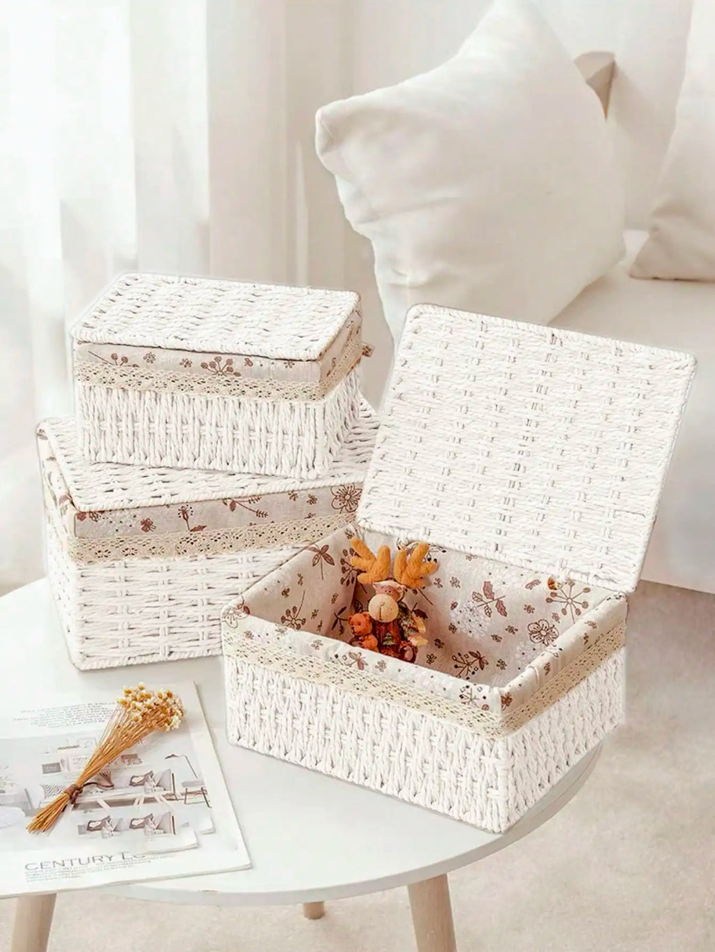 3Pcs  Woven Storage Baskets W/&W/O Cover