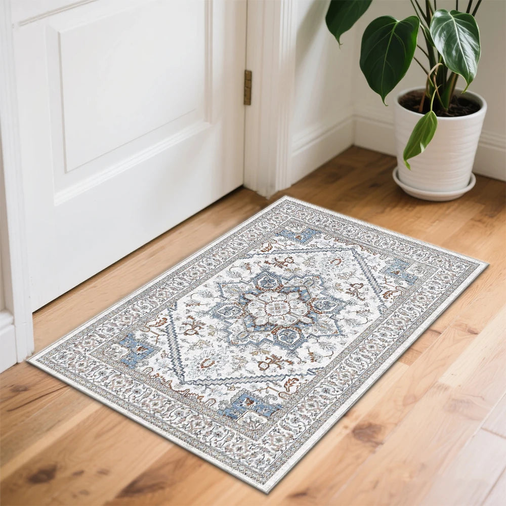 8x10 Area Rugs for Living Room: Washable Rug Stain Resistant Distressed Vintage Floral Rug Non Slip Low Pile Faux Wool