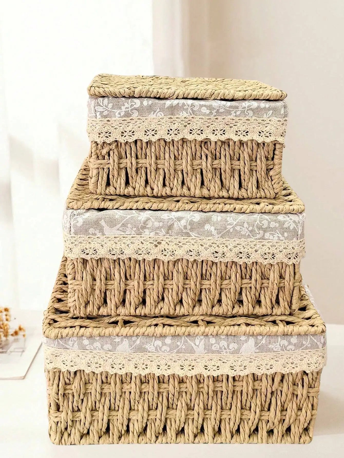 3Pcs  Woven Storage Baskets W/&W/O Cover