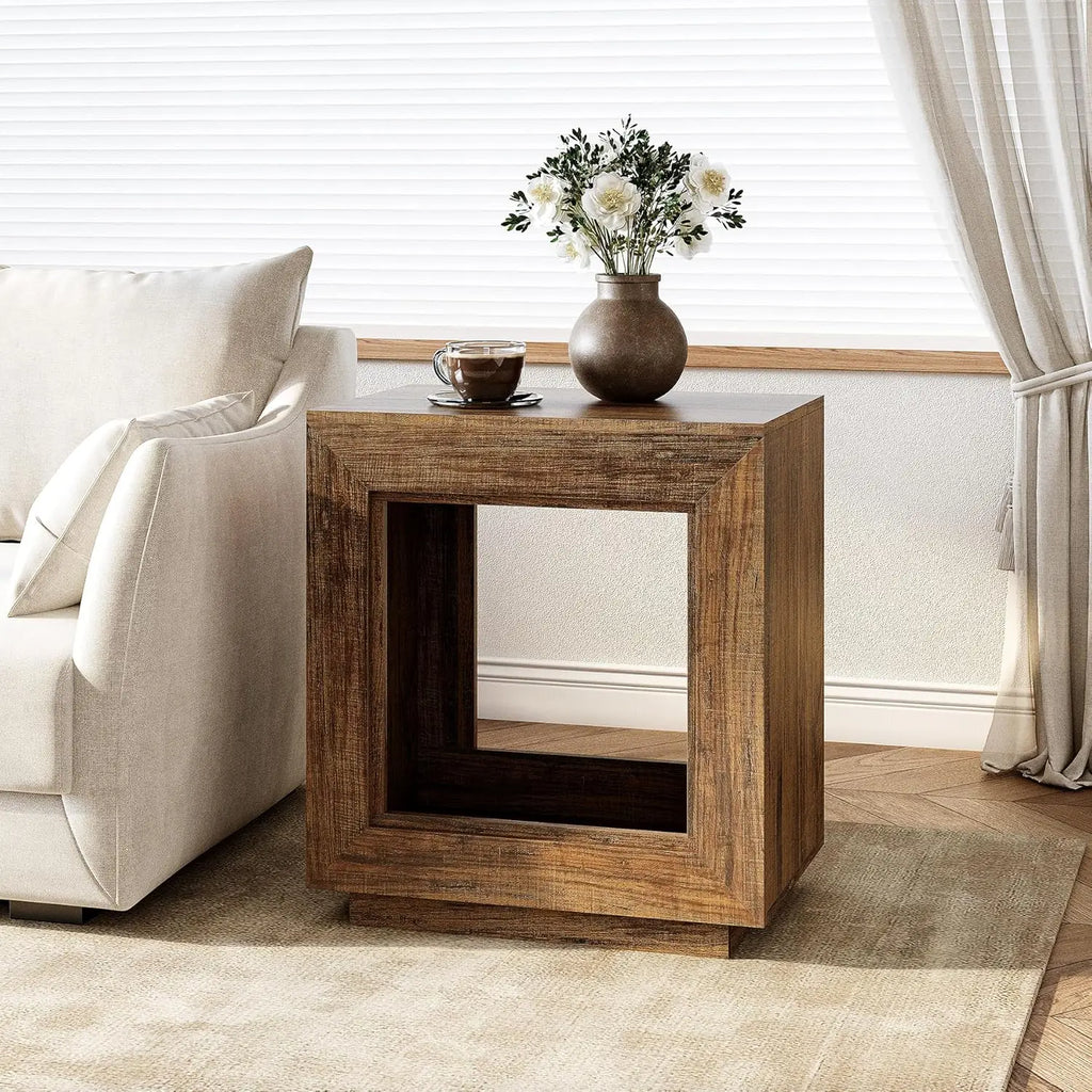 LITTLE TREE End Table, Wooden Square Side Table, Farmhouse Sofa Side Tables for Living Room, 2-Tier Bedside Table for Bedroom