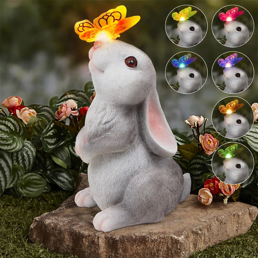 Solar Bunny Statue Garden Decor with Butterfly LED Lighimal Sculpture Figurine Outdoor Decoration for Garden Courtyard