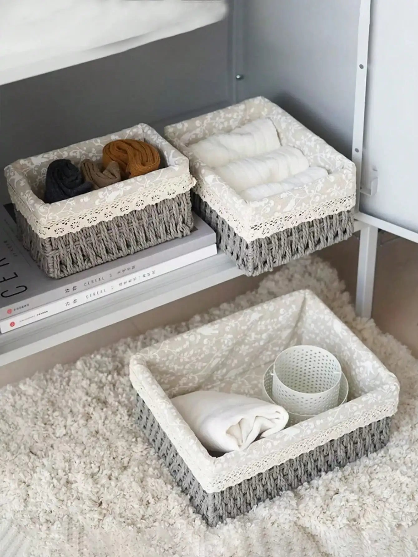 3Pcs  Woven Storage Baskets W/&W/O Cover