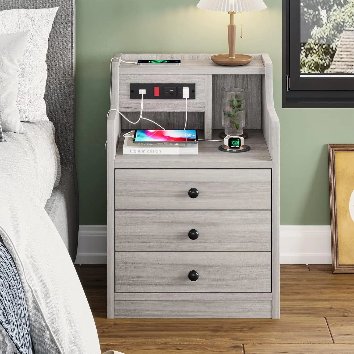 Nightstand with Charging Station, Hutch & Storage Drawers Customized