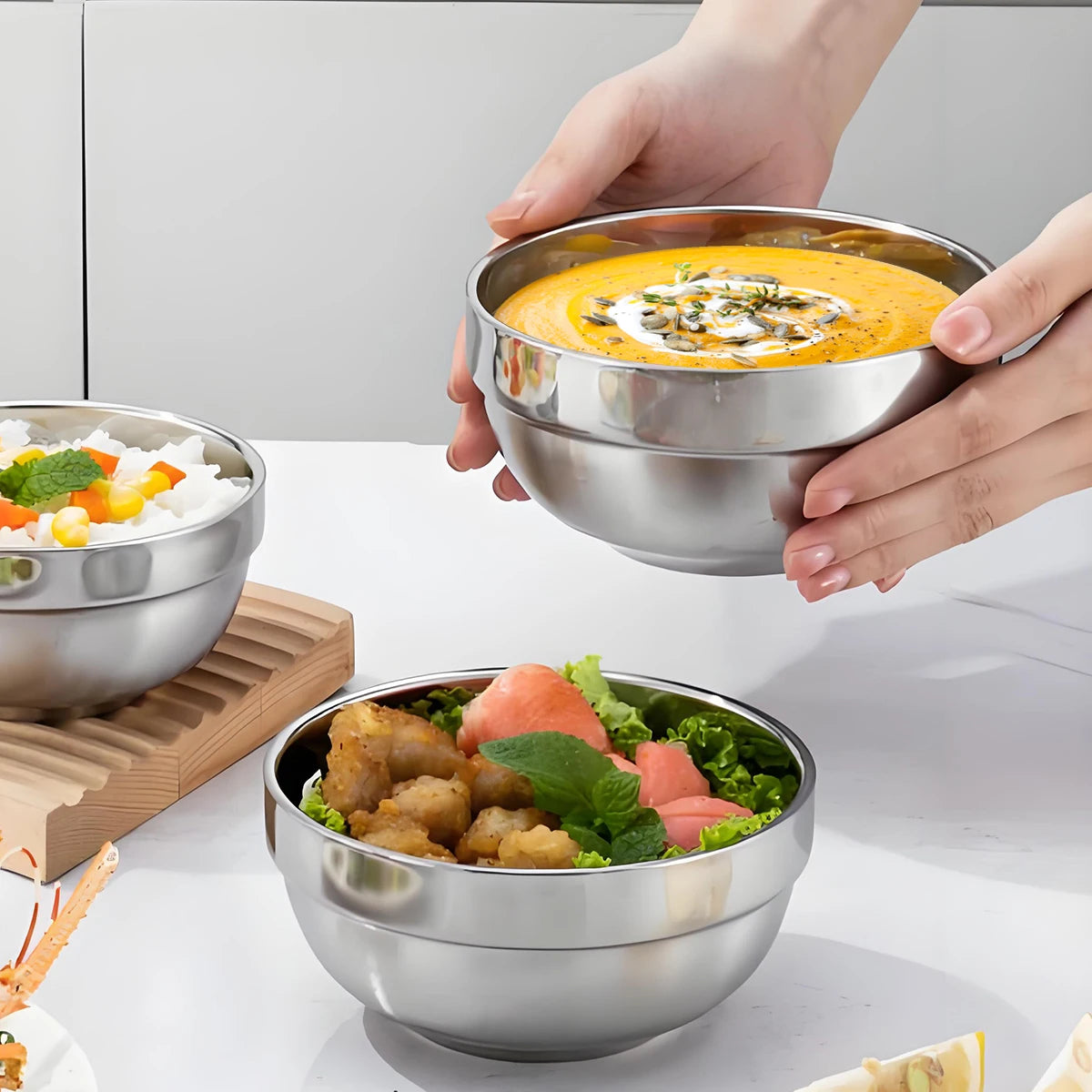 5pcs, Double layer stainless steel bowl, insulated and heat-resistant, durable metal bowl, mirror polished
