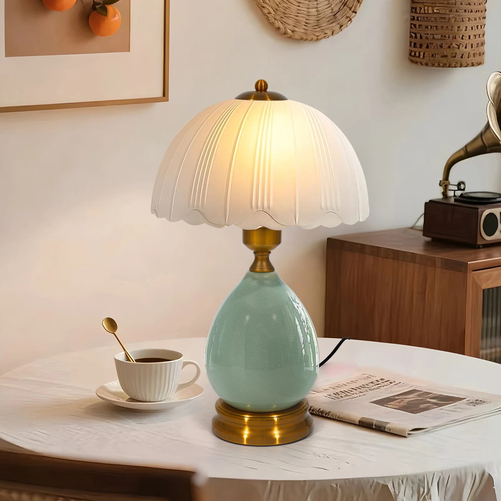 16" Vintage Ceramic Table Lamp – Chinese Traditional Green Bedside Lamp with 3-Color Dimmable LED