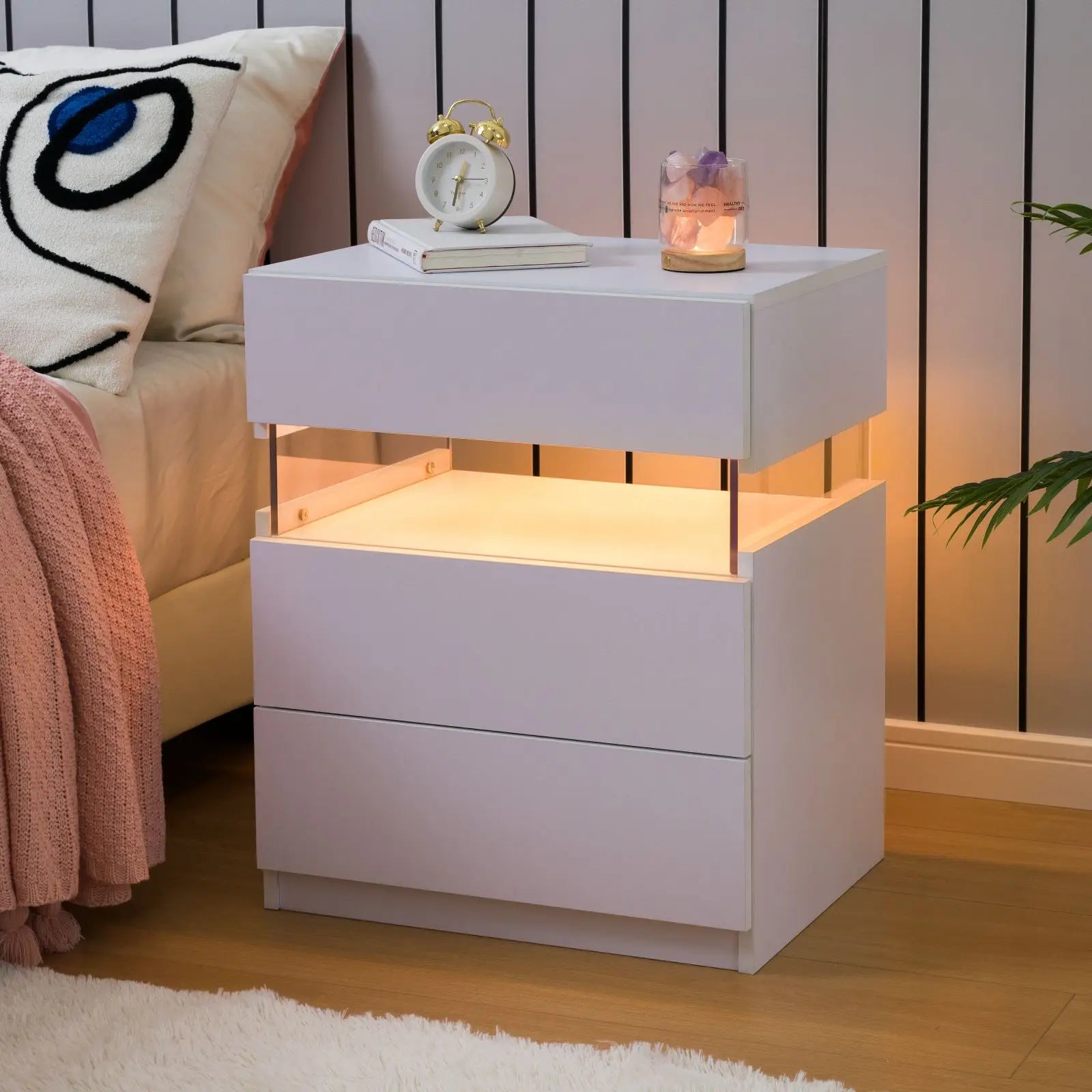 Cubehom Bedside Tables 2 Set with LED Lighting White Bedside Table with 3 Drawers