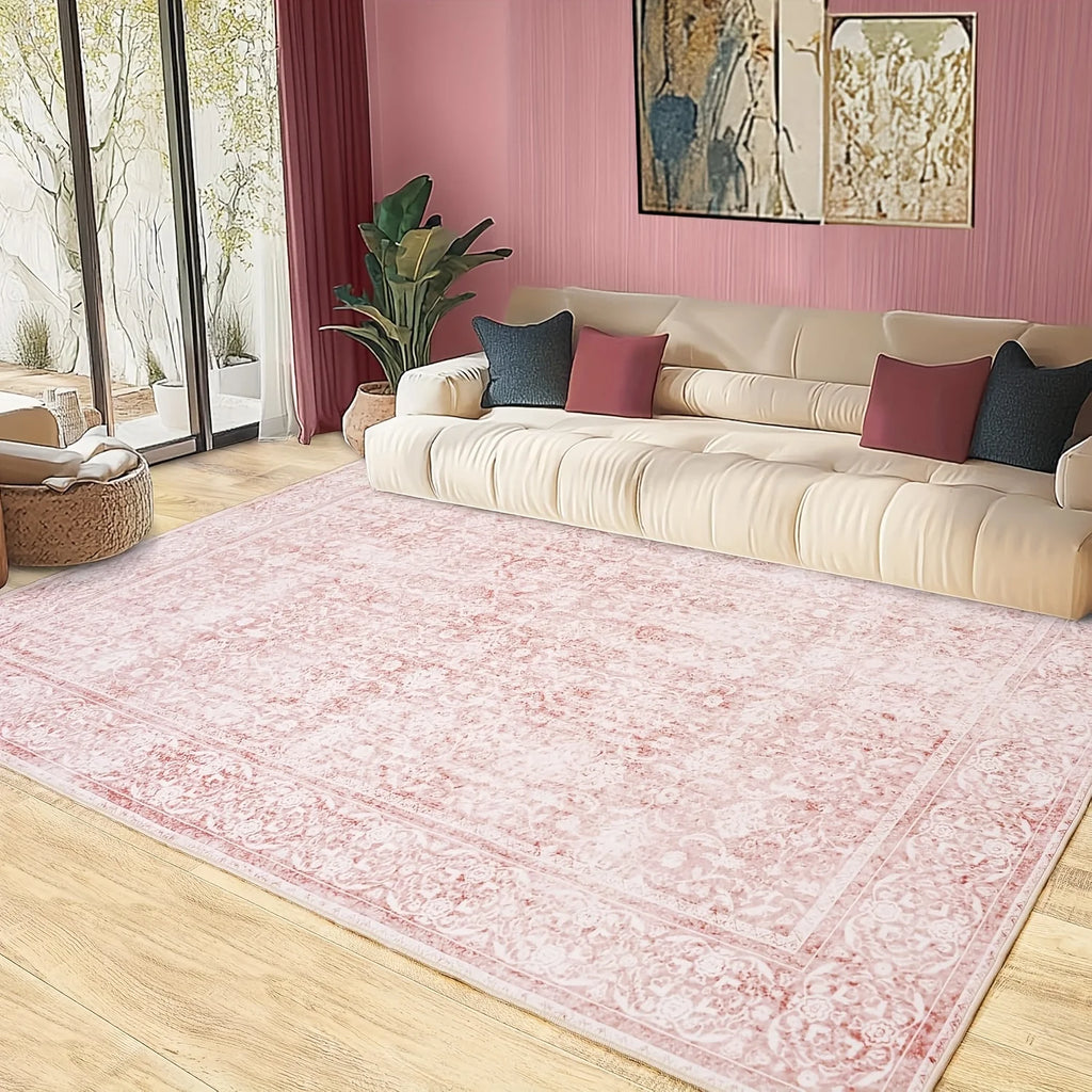 Gnizama pink floral full wall living room large area rug, washable vintageo
