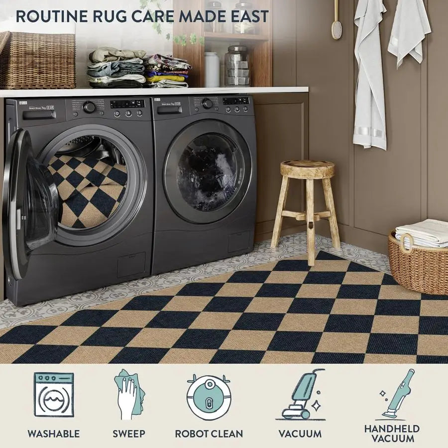 Checkered Easy Jute 3x5 Outdoor Patio Rug, Washable Rugs Indoor