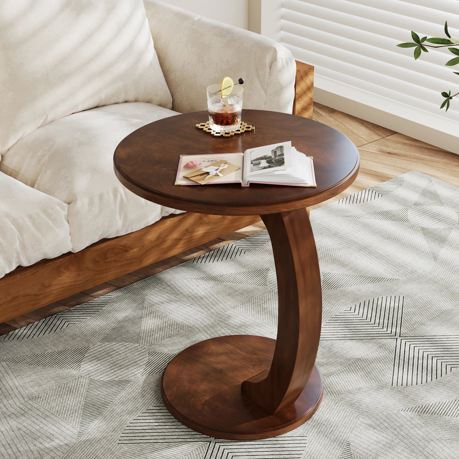 Tribesigns Round End Table, Wood C-Shaped Side Table