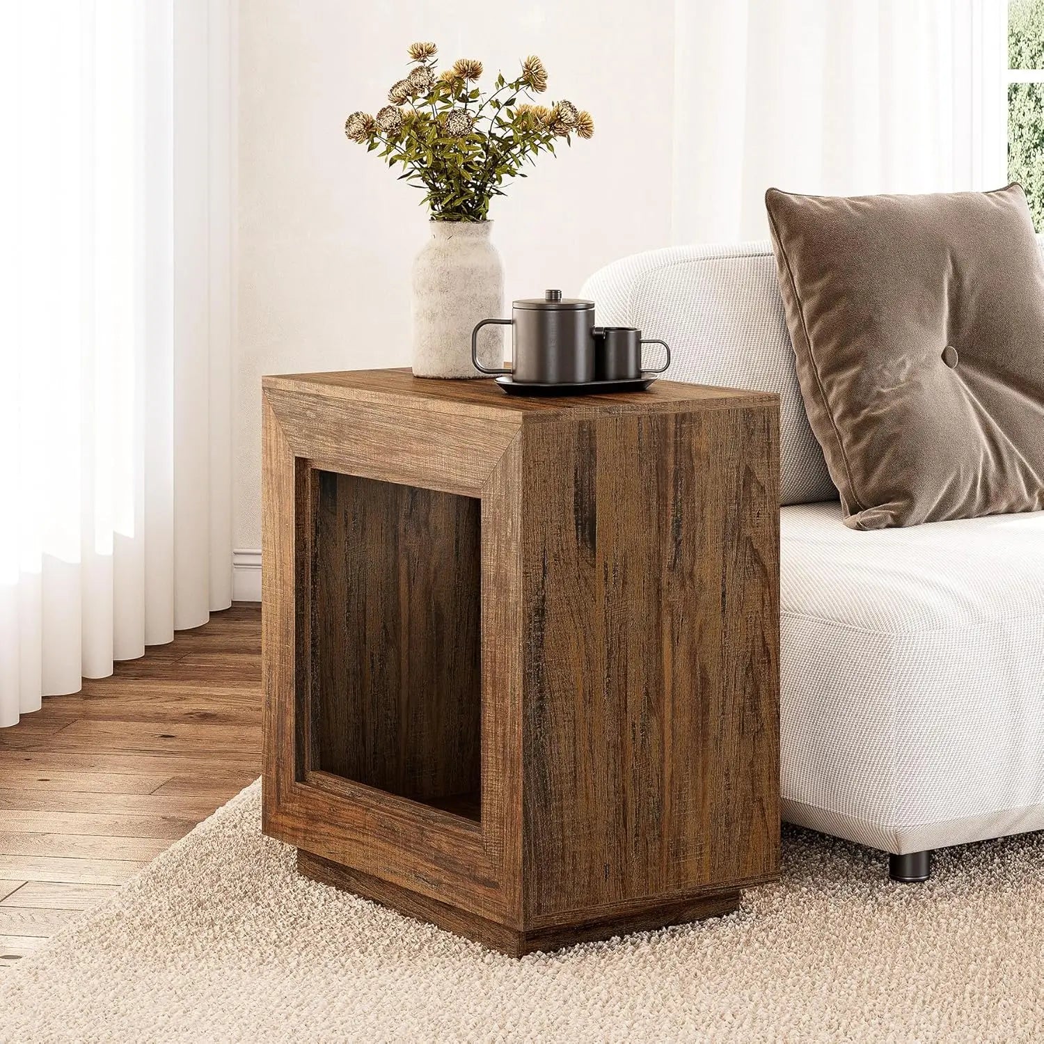 LITTLE TREE End Table, Wooden Square Side Table, Farmhouse Sofa Side Tables for Living Room, 2-Tier Bedside Table for Bedroom