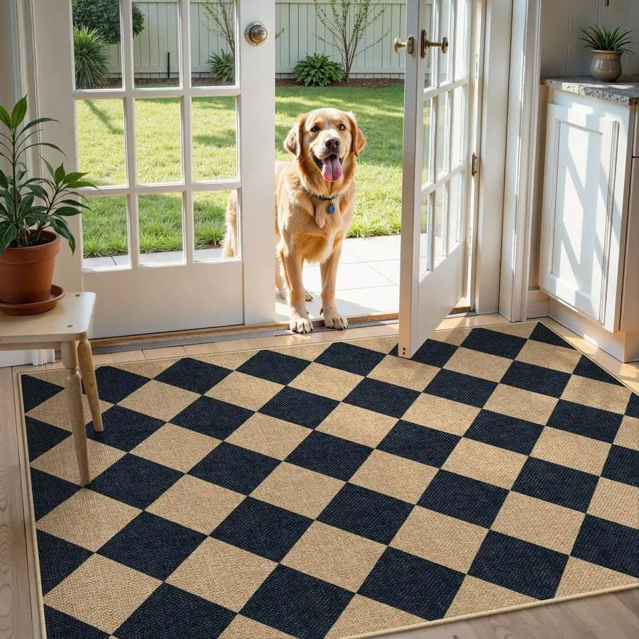 Checkered Easy Jute 3x5 Outdoor Patio Rug, Washable Rugs Indoor