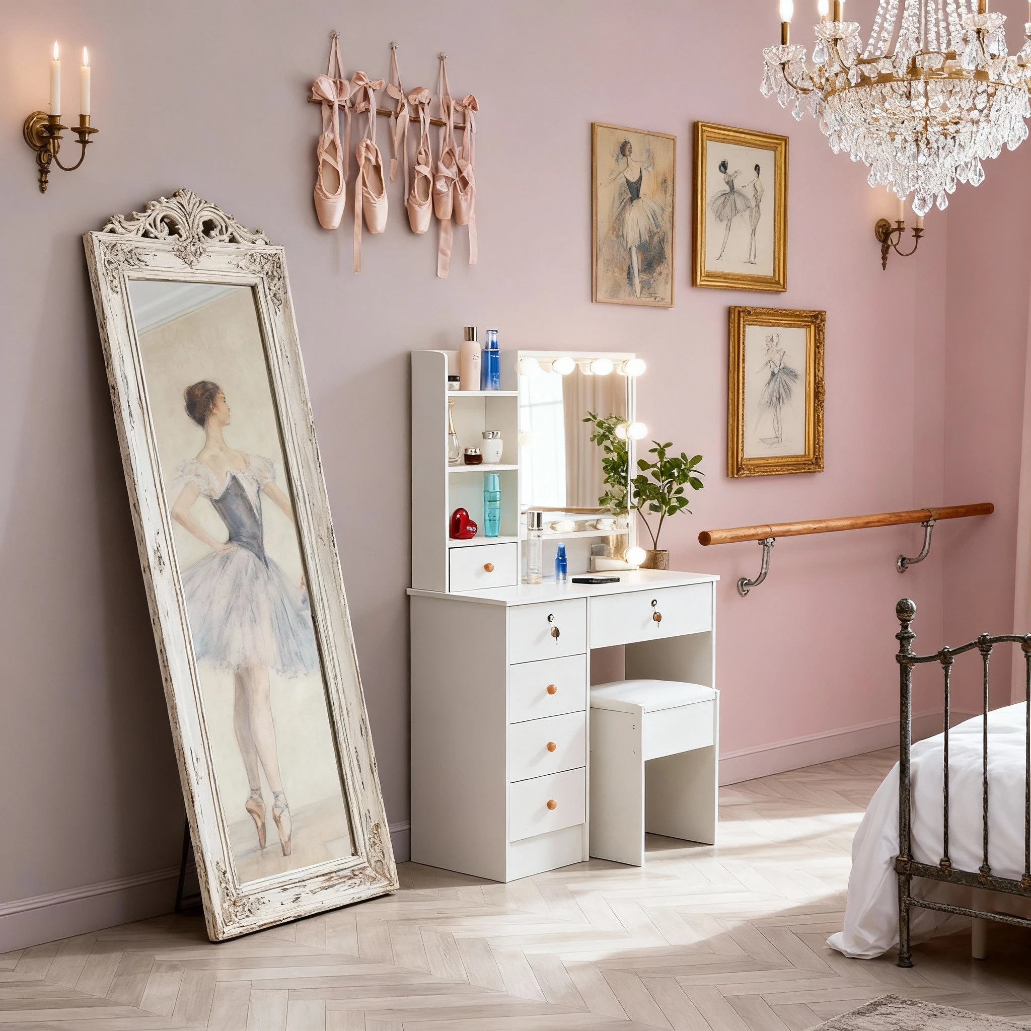 Vanity Makeup Table Dressing Desk Set 10 LED Lighted Sliding Mirror with Stool