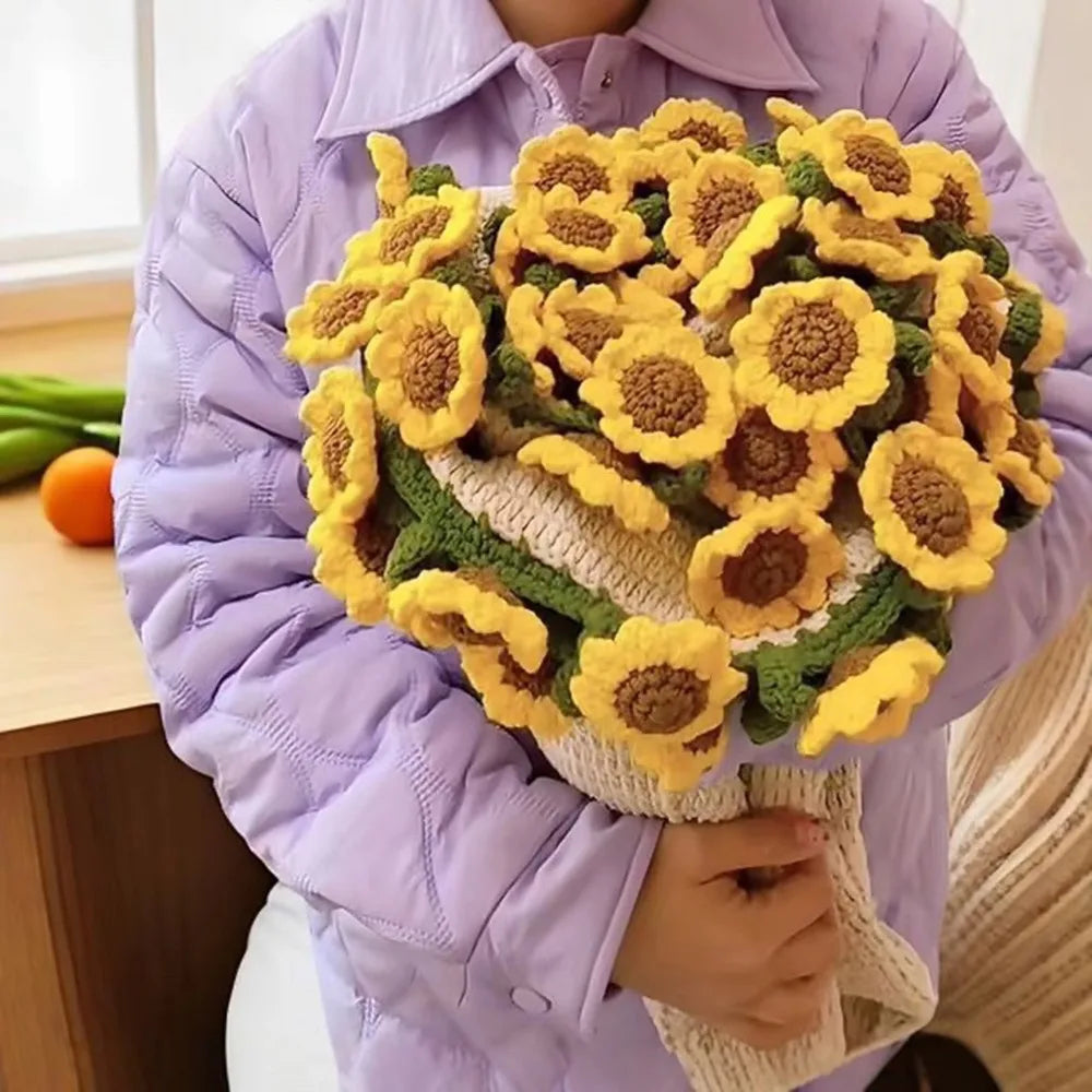 Crochet Rose Bouquet Blanket Fashion Finished Flower Bouquet Blanket Sunflower Carnation DIY Craft Knitted Blanket