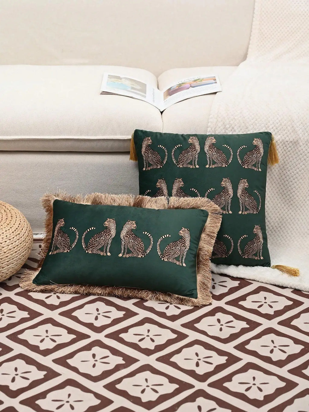 1pc Dutch Plush Leopard Fringe Lace Pillow Cover Decor