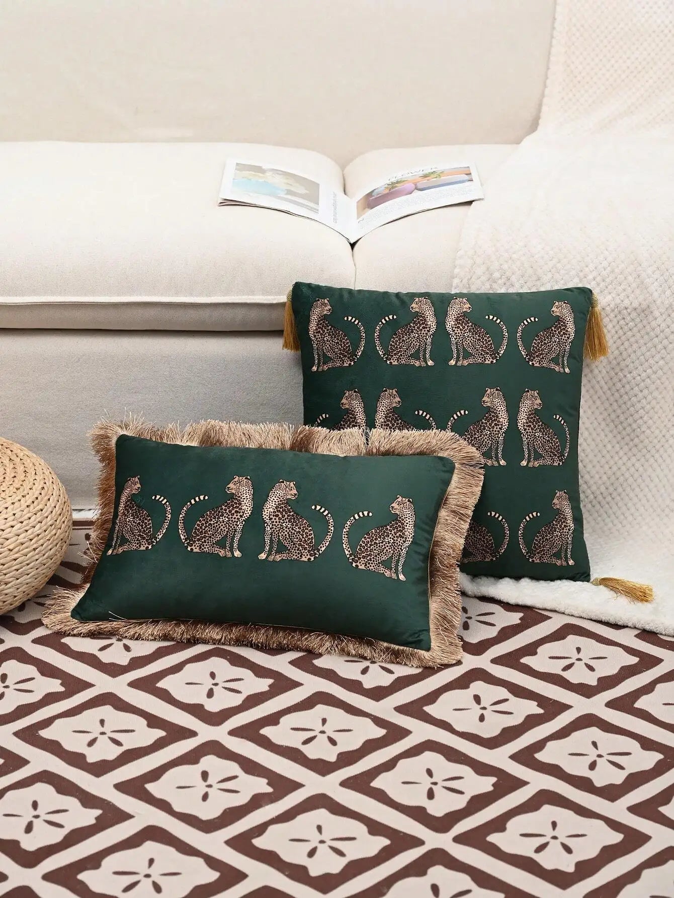 1pc Dutch Plush Leopard Fringe Lace Pillow Cover Decor