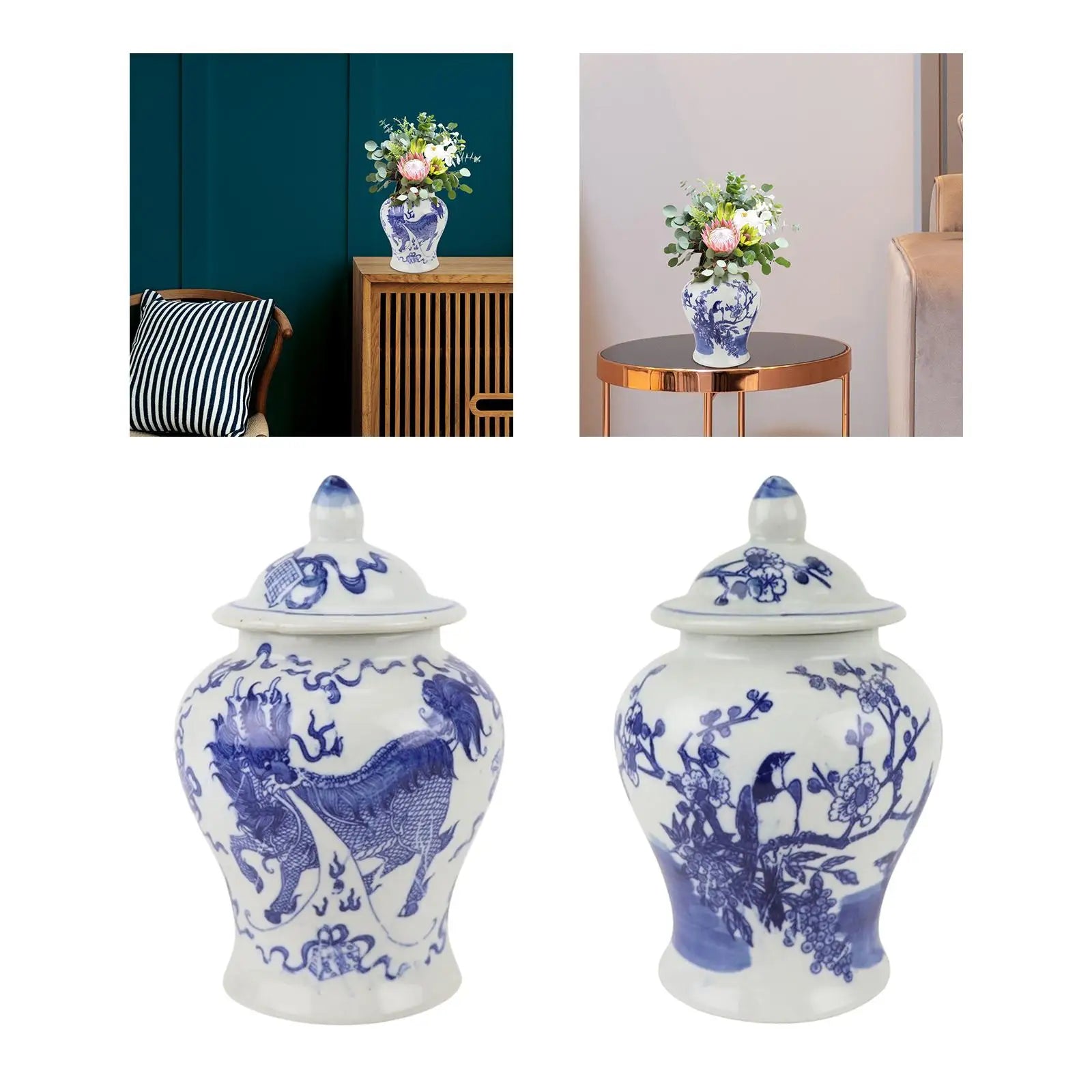 Blue and White Ginger Jar Ceramic Storage Ja