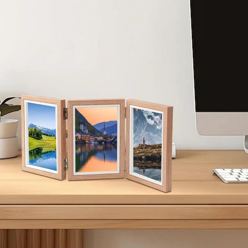 Three Photo Frame Rustic Folding Triple Photo Frame Family Picture Collage Hinged Folding 4x6 Three Opening Photo