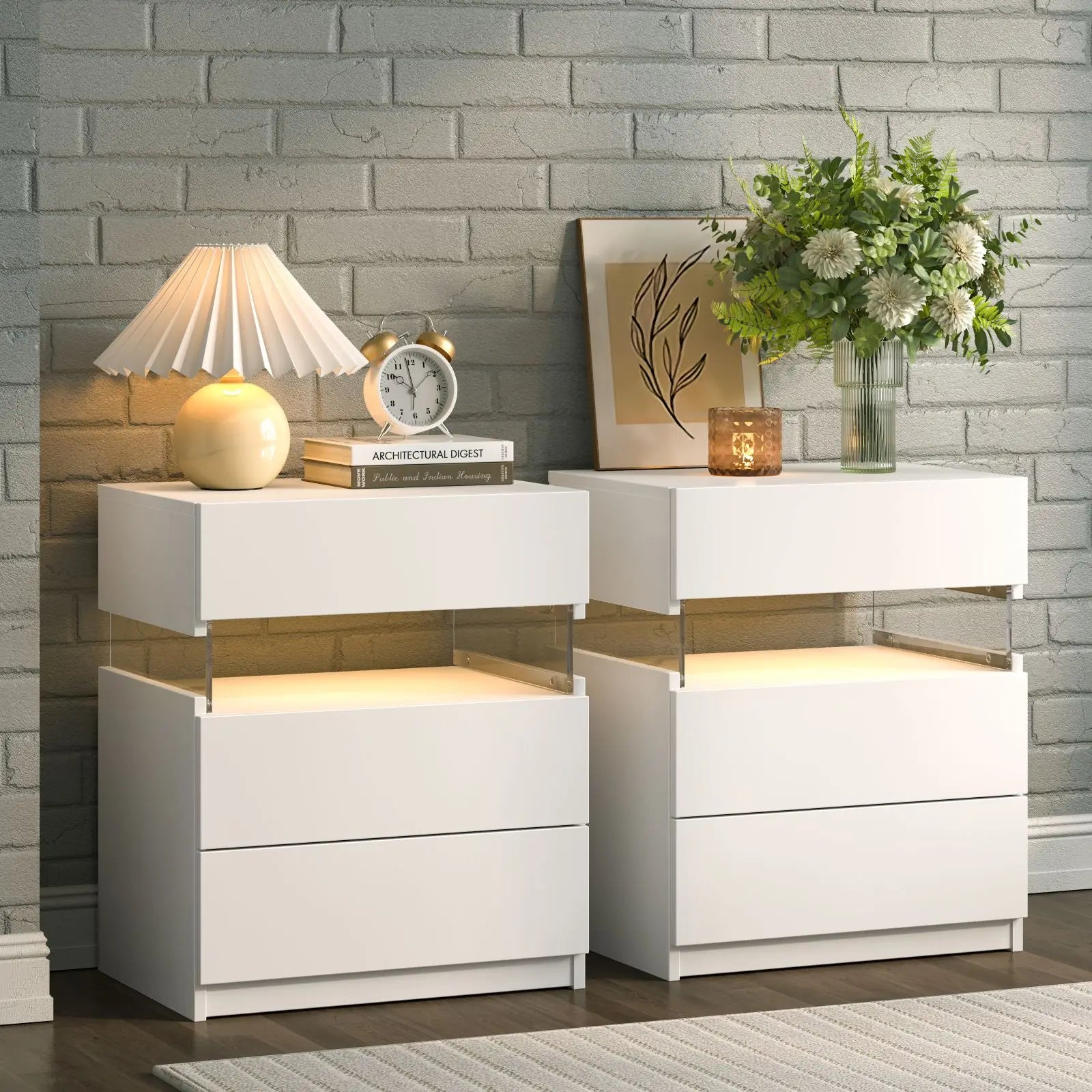Cubehom Bedside Tables 2 Set with LED Lighting White Bedside Table with 3 Drawers