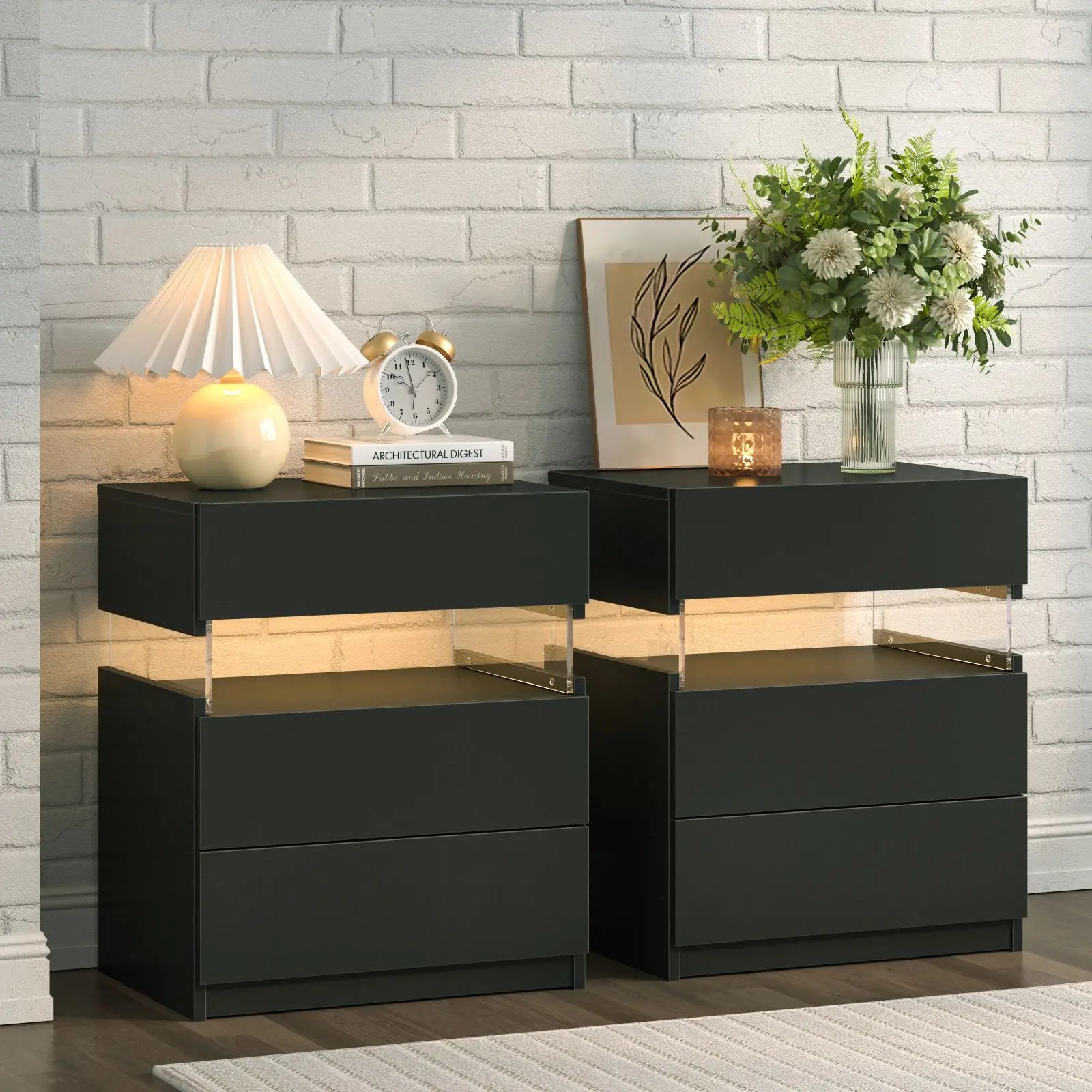 Cubehom Bedside Tables 2 Set with LED Lighting White Bedside Table with 3 Drawers