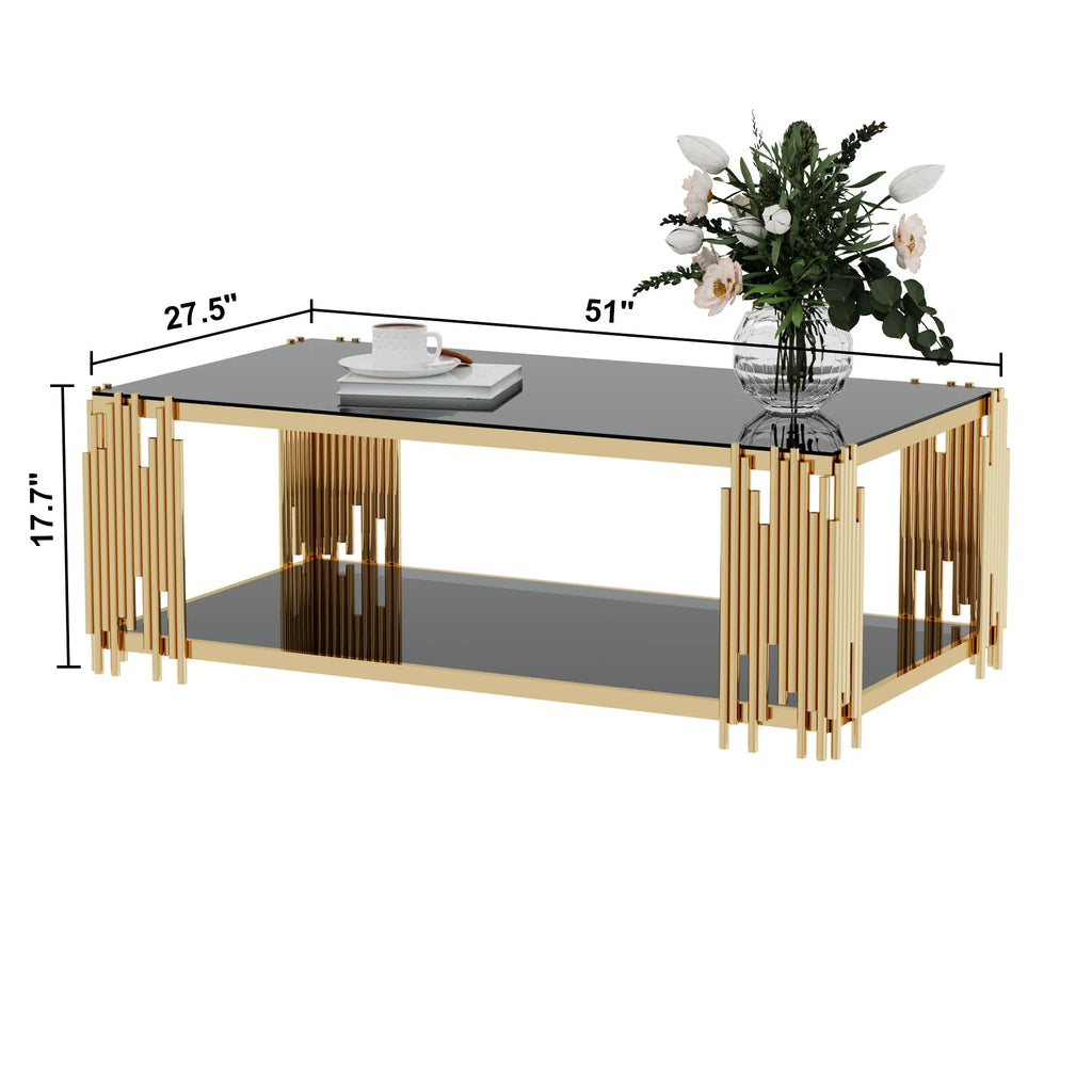 Stainless Steel Rectangle Glass Coffee Table for Living Room 51.18" Modern Center Table with Black Tempered Glass 8mm Gold Leg