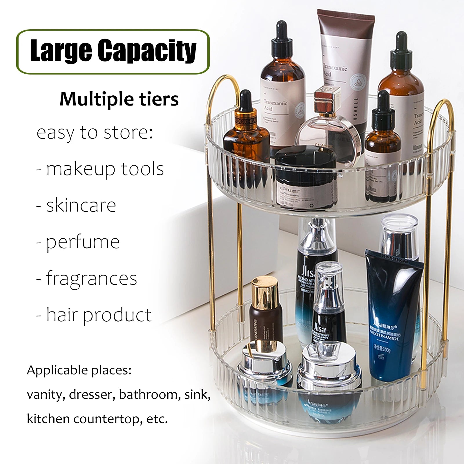 Rotating Makeup Organizer for Vanity, High-Capacity Skincare Storage Perfume