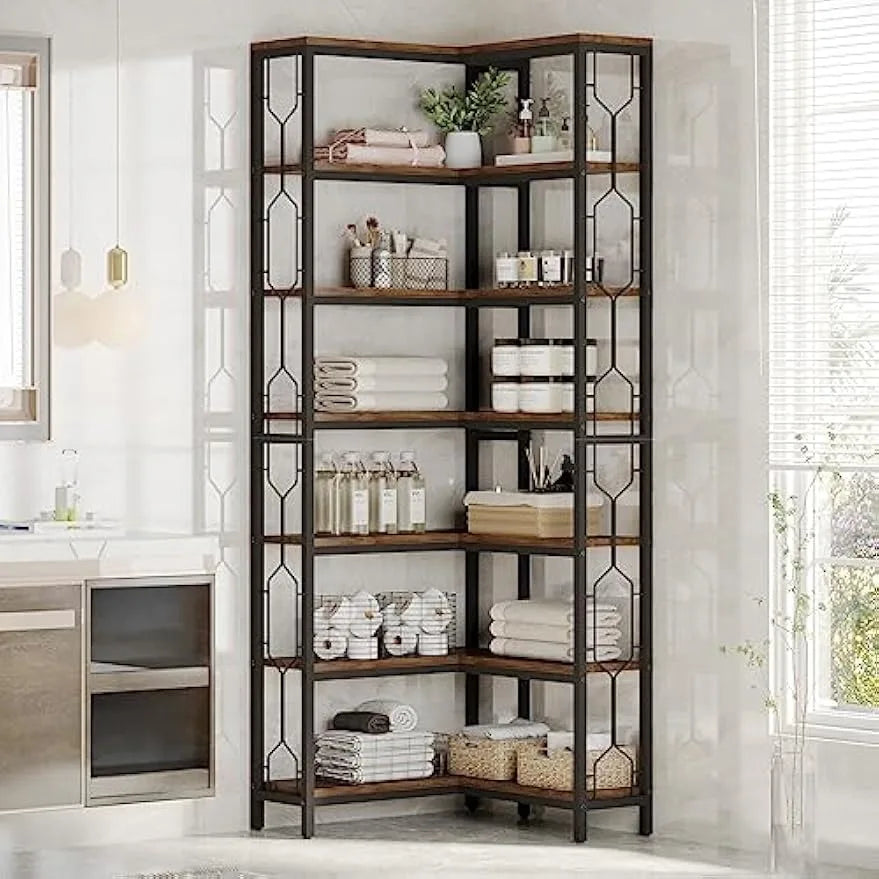 Corner Shelf, 7-Tier Industrial Corner Bookshelf, Freestanding Display Shelf