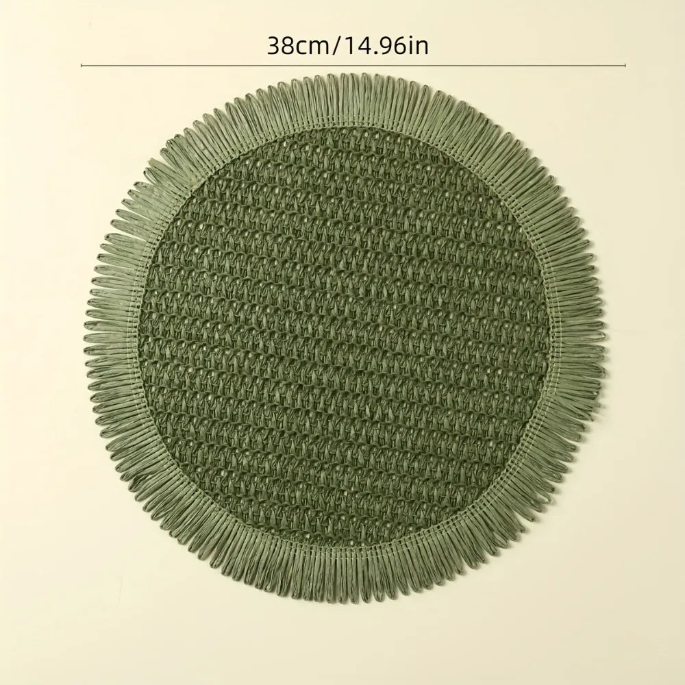 4/6pcs Bohemian Farmhouse Round Placemats with Tassels - Green Linen Grid Pattern
