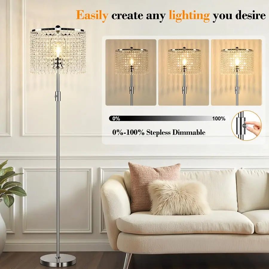Dimmable Crystal Floor Lamps for Living Room, 1000LM LED Bulb Included, Standing Lamp with Knob Switch, Tall Silver Pole Light f