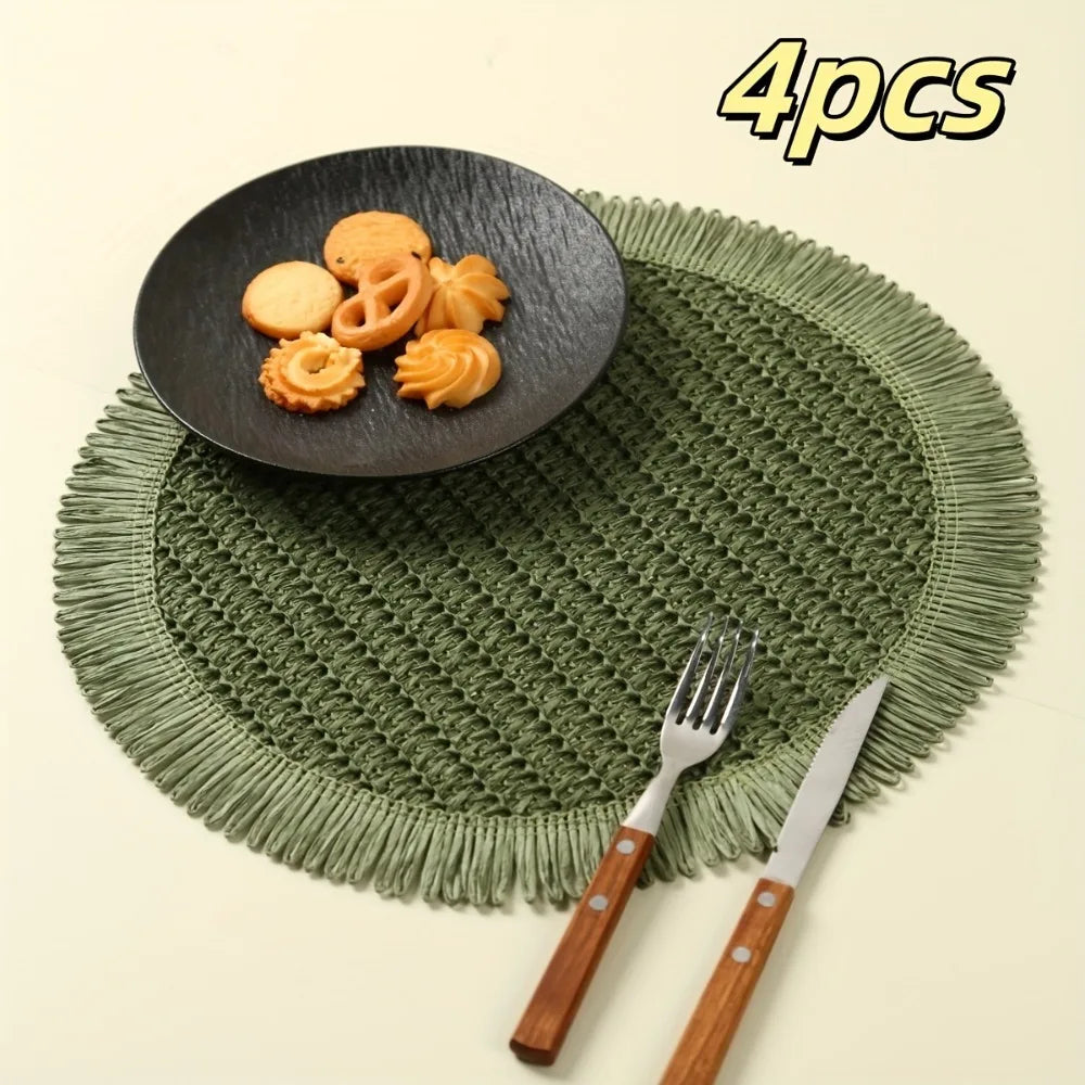 4/6pcs Bohemian Farmhouse Round Placemats with Tassels - Green Linen Grid Pattern