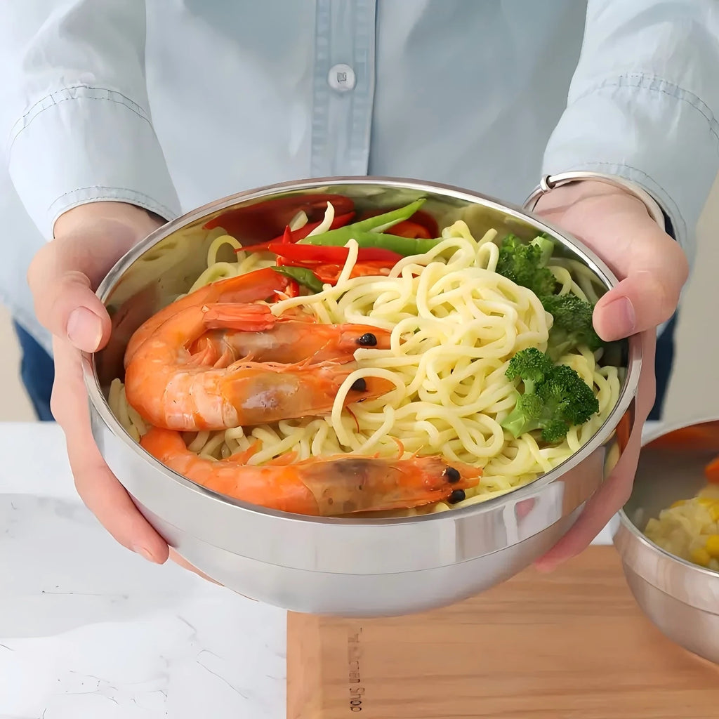 5pcs, Double layer stainless steel bowl, insulated and heat-resistant, durable metal bowl, mirror polished