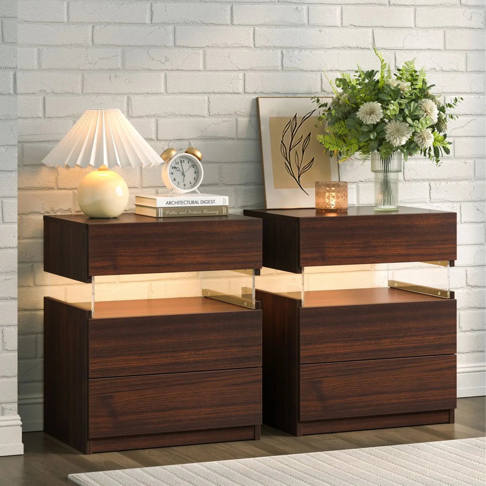 Cubehom Bedside Tables 2 Set with LED Lighting White Bedside Table with 3 Drawers