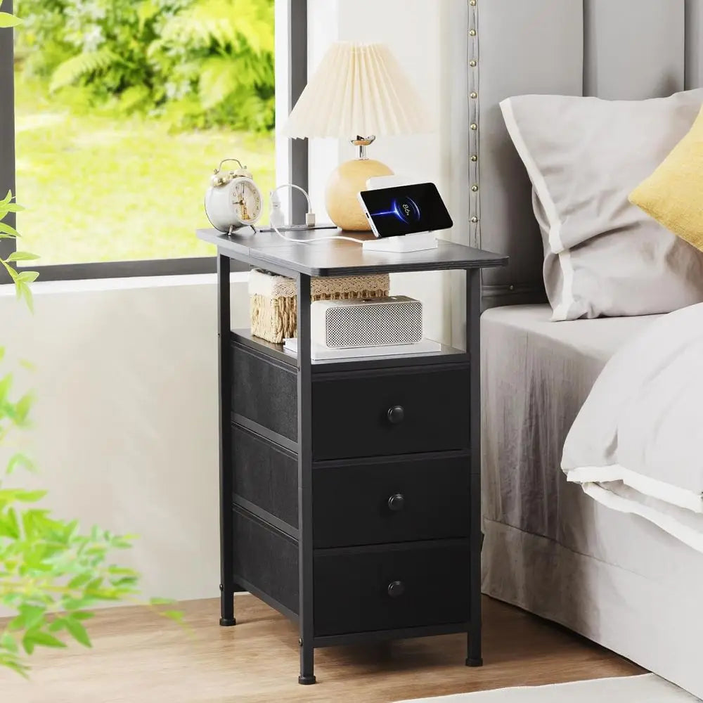 End Tables Living Room Charging Station, Narrow Side Table USB Ports Outlets, Slim Nightstand 3 Drawers Bedroom, Small Space, Bl