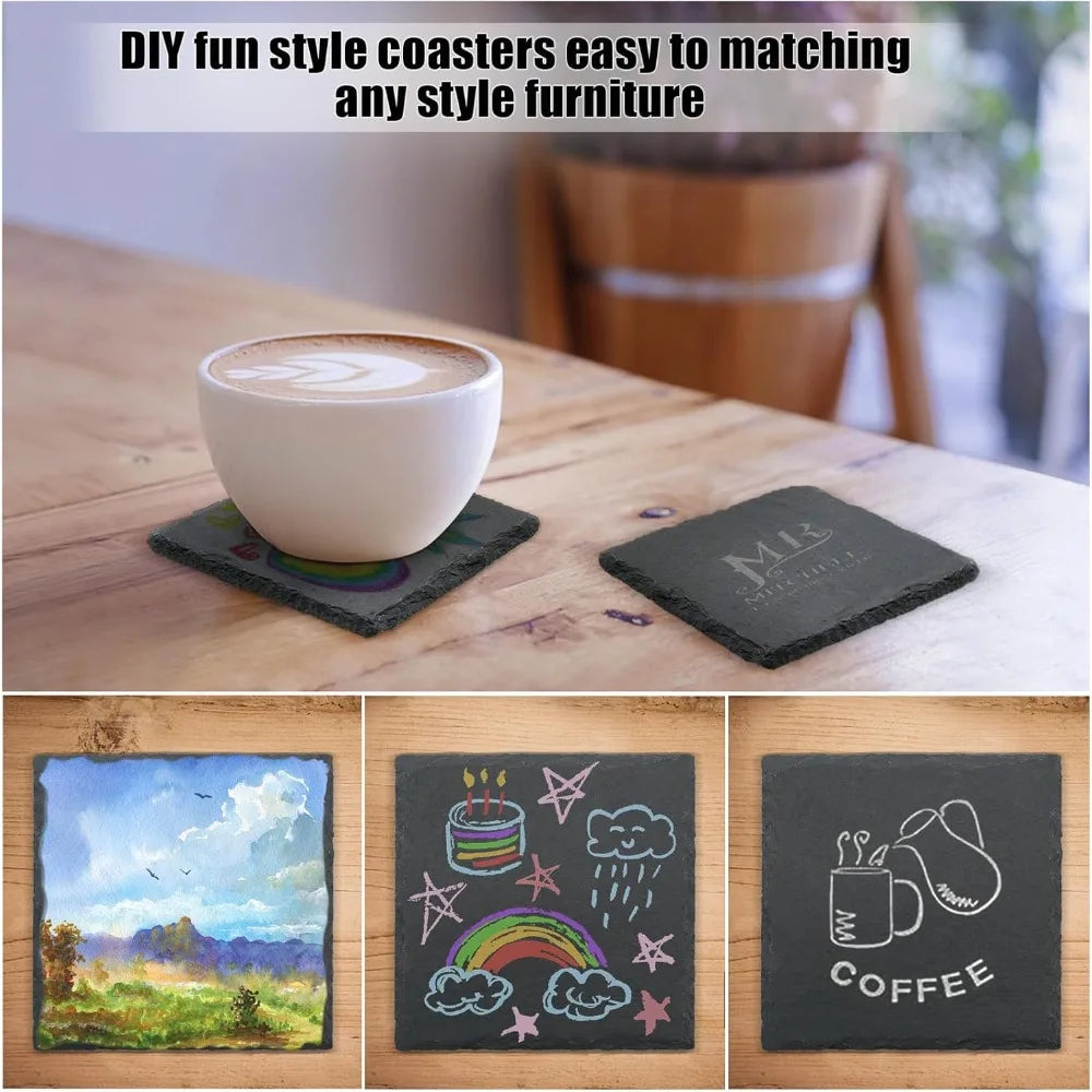 60-piece pack of slate coasters, 4-inch black slate coasters, bulk coasters, laser-engraved blank, scratch-resistant, square.