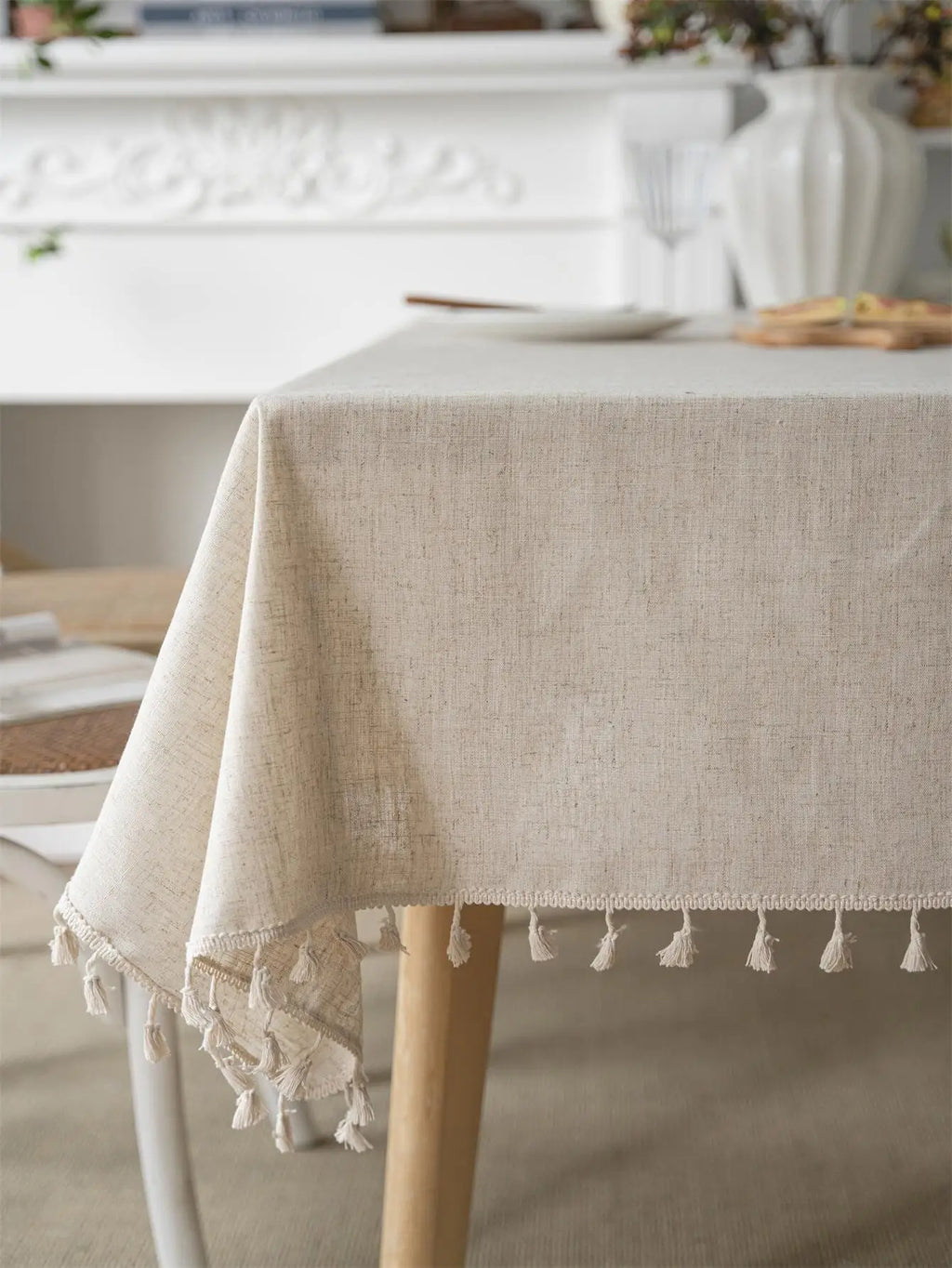 Four seasons universal linen solid color rectangular tablecloth Beige fringe