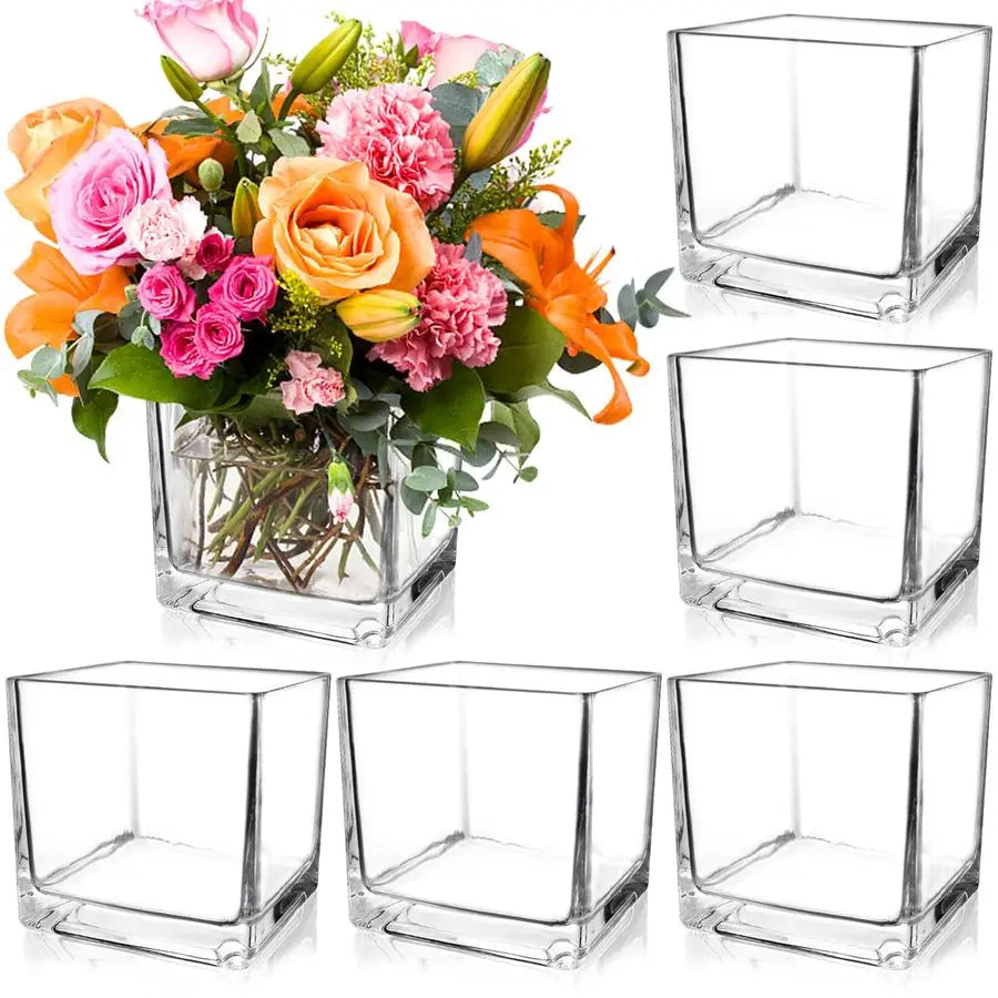6 Pack Square Glass Vases 5 x 5 x 5 Inch, Clear Cube