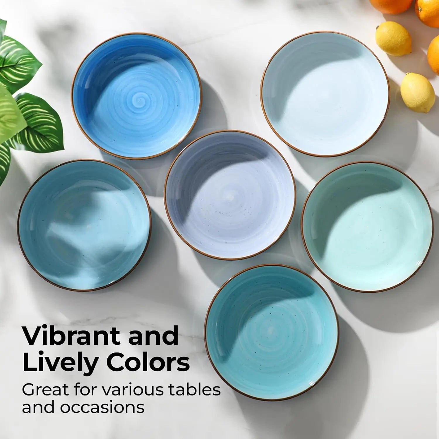 8.5'' Ceramic Pasta Bowls Set of 6, 30 oz Shallow Salad & Soup, Microwave & Dishwasher Safe Dinnerware in Gradient Blue
