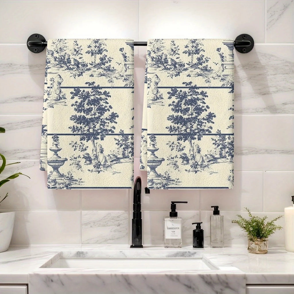 2PCS Soft Absorbent Kitchen Towels Dish Towel Chinese Wind Water Tower Trees Dish Cloth