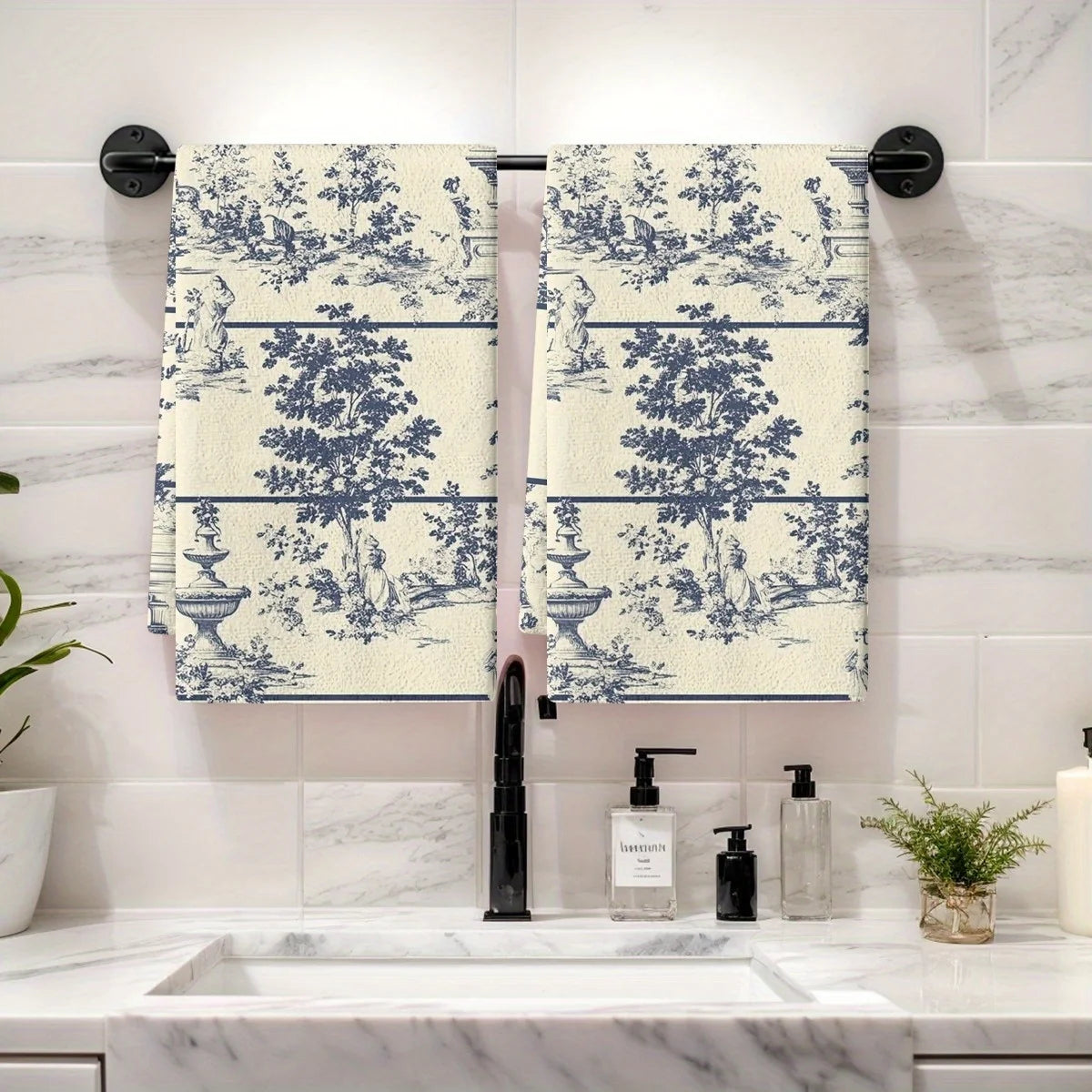 2PCS Soft Absorbent Kitchen Towels Dish Towel Chinese Wind Water Tower Trees Dish Cloth