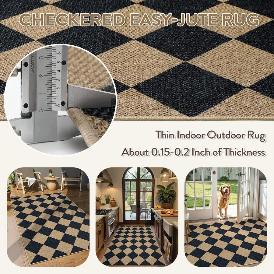Checkered Easy Jute 3x5 Outdoor Patio Rug, Washable Rugs Indoor