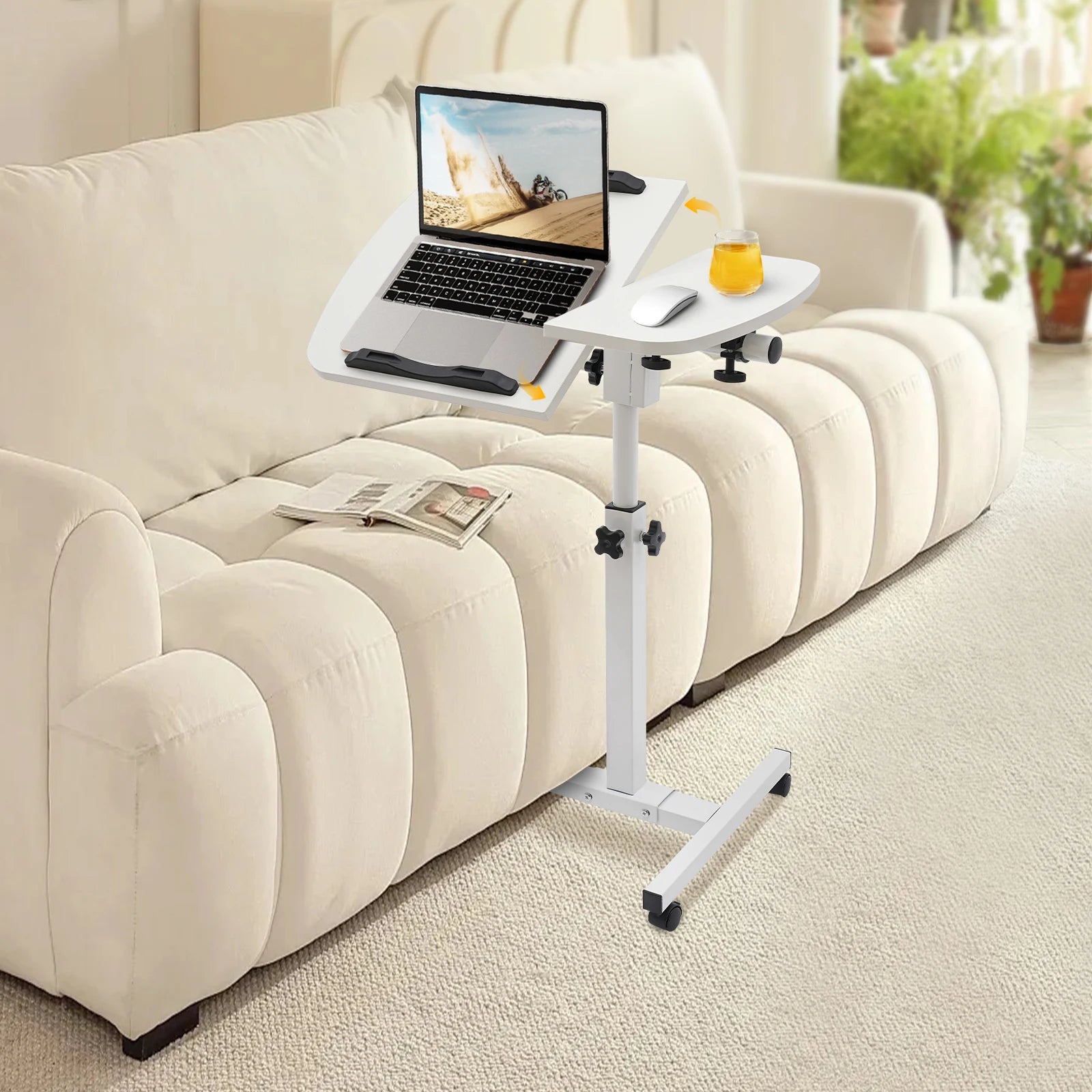 White MDF Carbon Steel Adjustable Laptop Desk Stand Bedside Desk Stand With 360° Swivel Wheels With Brake Function For Bedroom