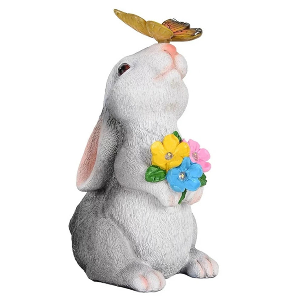 Solar Bunny Statue Garden Decor with Butterfly LED Lighimal Sculpture Figurine Outdoor Decoration for Garden Courtyard