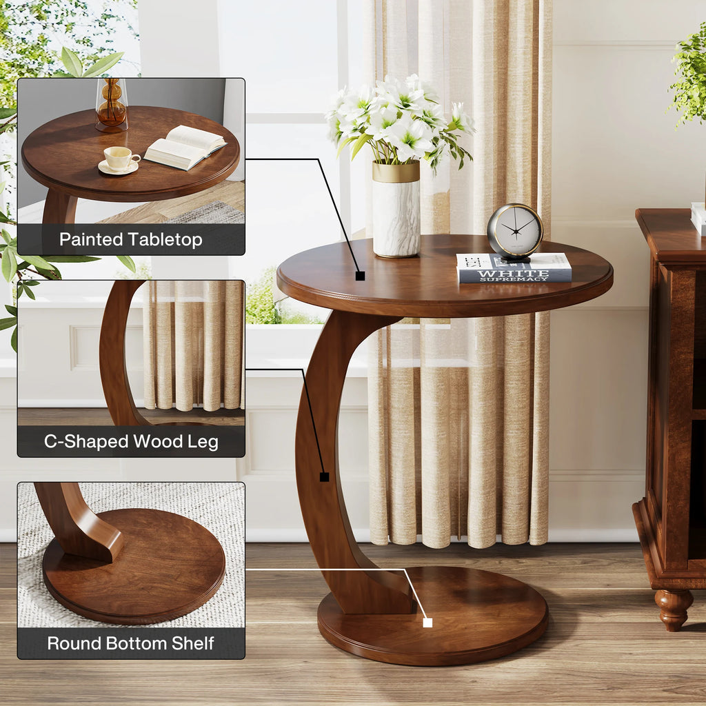Tribesigns Round End Table, Wood C-Shaped Side Table