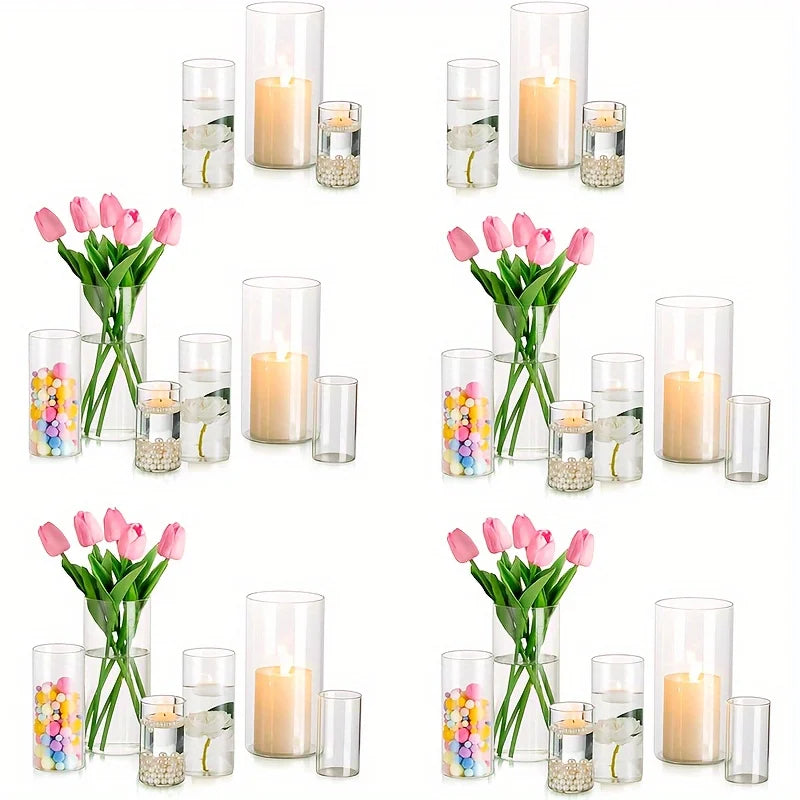 12/30 Set of Cylindrical Glass Vases,Hurricane Candle Holders for Pillar Candles