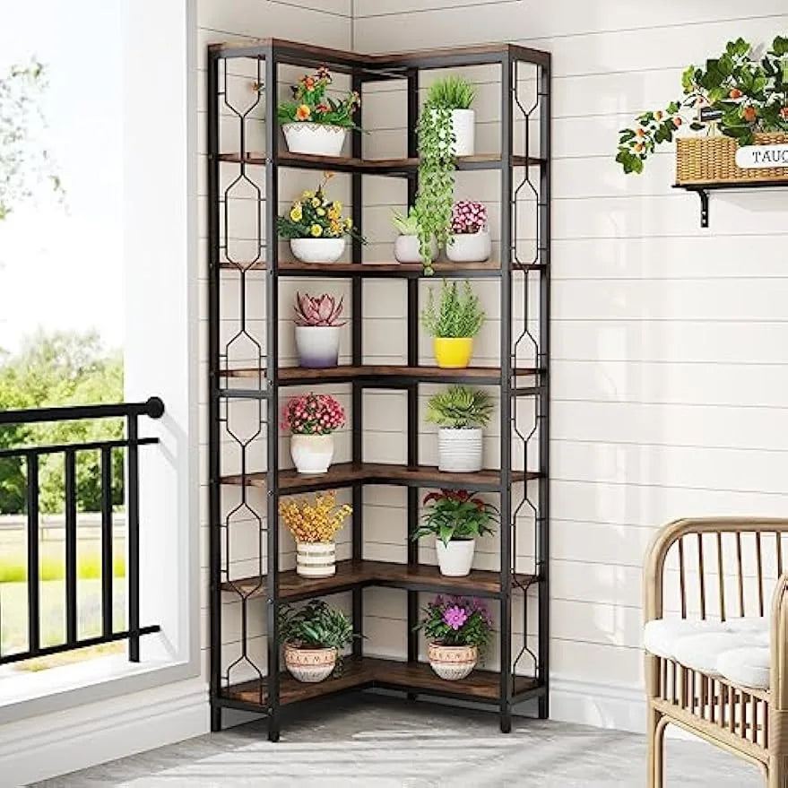 Corner Shelf, 7-Tier Industrial Corner Bookshelf, Freestanding Display Shelf