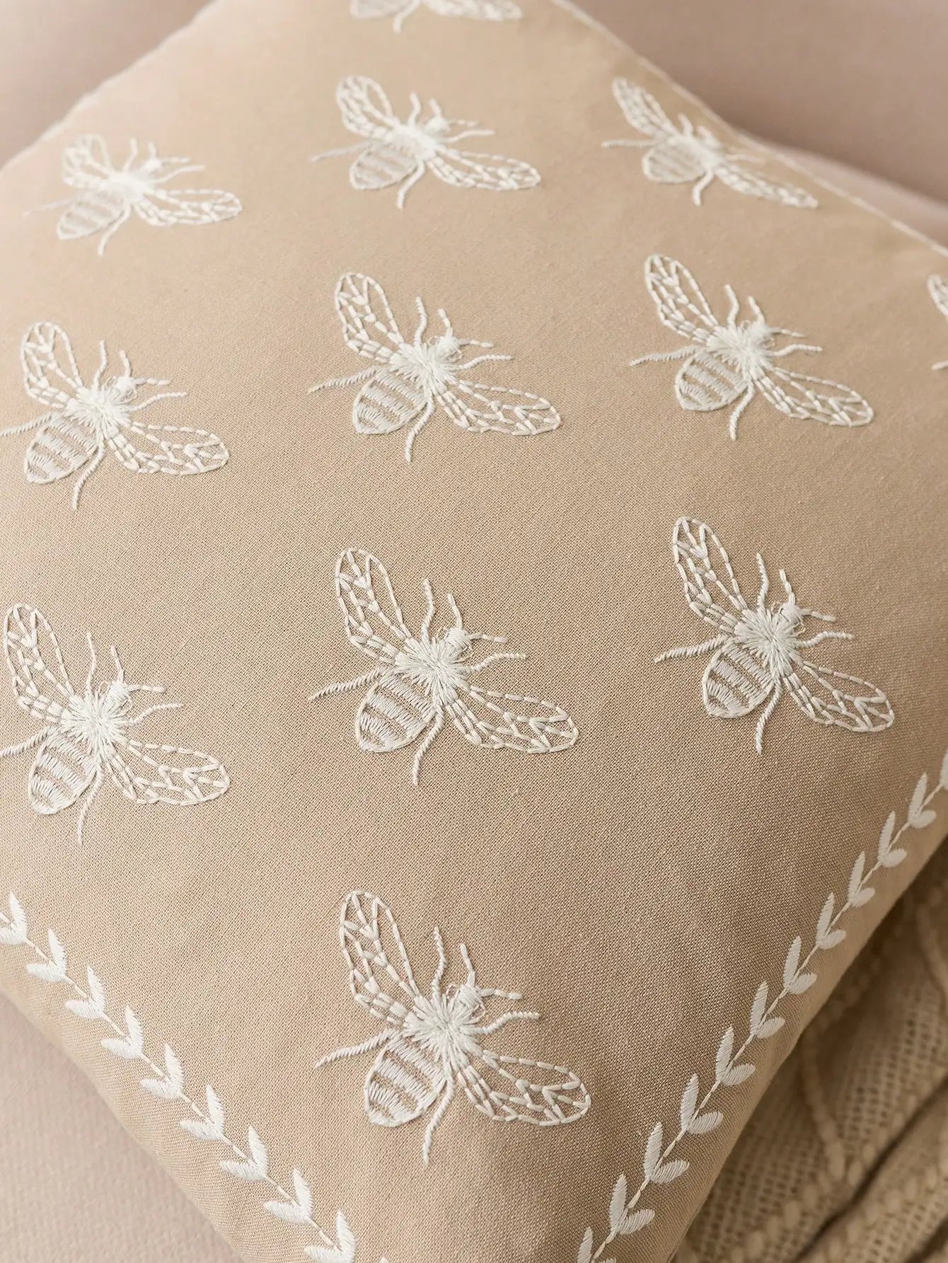Beige Embroidered Bee Pillow Cover 1pc Indoor