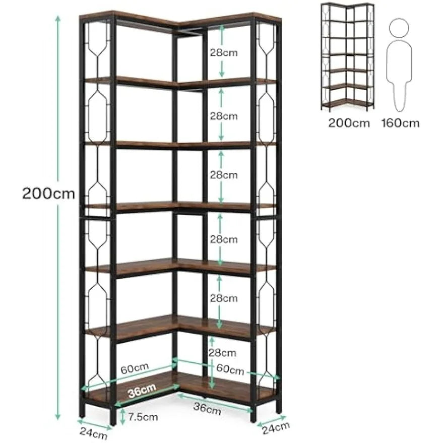 Corner Shelf, 7-Tier Industrial Corner Bookshelf, Freestanding Display Shelf